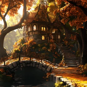 Fairy-Tale Stone Cottage Amidst Autumn Leaves