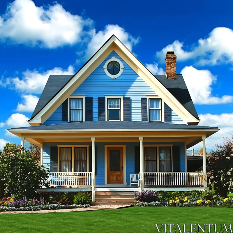 Picturesque Blue House with Green Lawn and Flowers AI Image