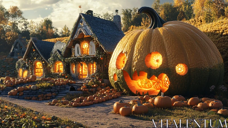 Halloween Cottages and Giant Glowing Pumpkin AI Image