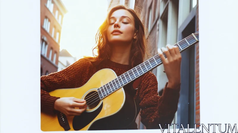 AI ART Urban Street Music: Woman with Guitar at Sunset