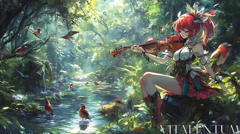 Woman Playing Violin in Enchanted Forest AI Image