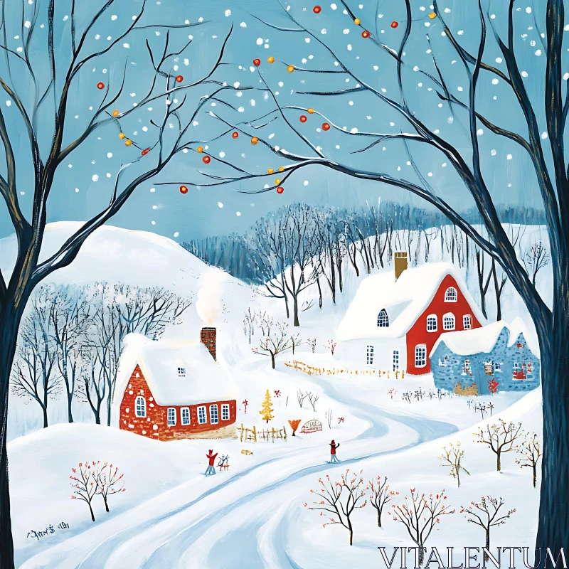 Peaceful Snowy Countryside with Charming Homes AI Image