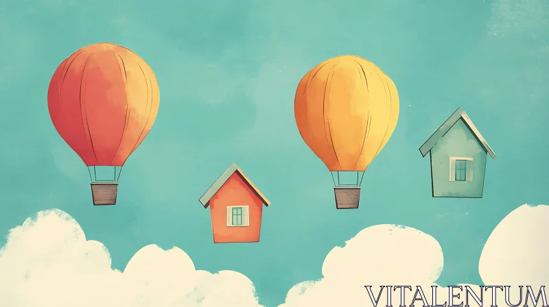 Whimsical Sky Scene with Balloons and Houses AI Image