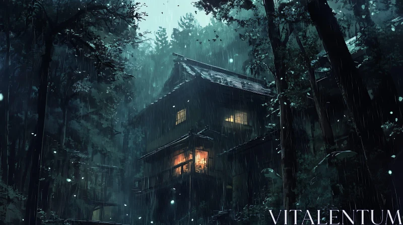 Mystical Cabin in Rainy Woods at Night AI Image