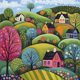 Whimsical Nature Landscape with Colorful Houses and Trees