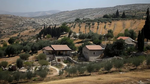 Rustic Rural Landscape with Terraced Fields and Distant Towns