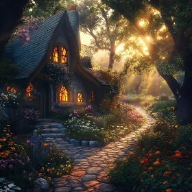 Cozy Cottage with Floral Pathway in Lush Woodland