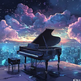 Majestic Piano Overlooking City Skyline at Sunset