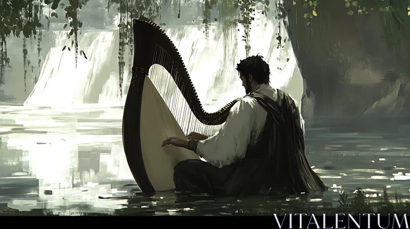 Serene Harpist in Natural Setting AI Image