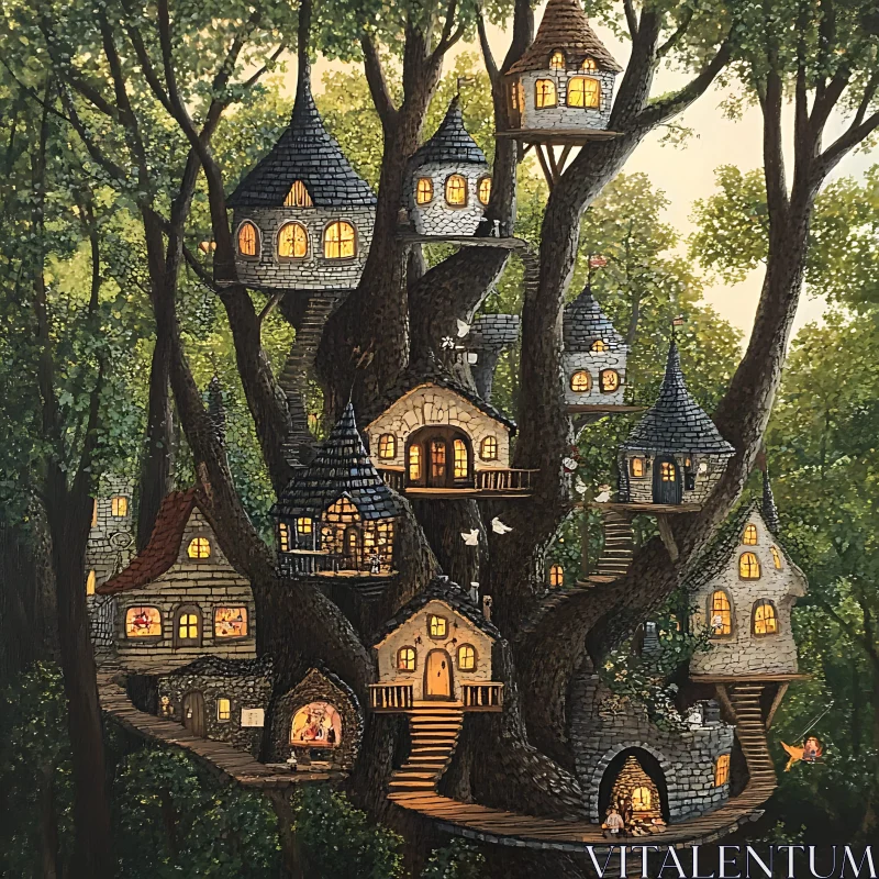 Whimsical Treehouse Fantasy Village AI Image