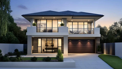 Modern Two-Story Home with Large Windows and Garden