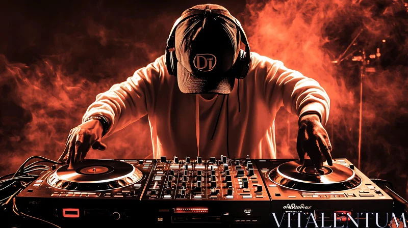 DJ Mixing Live on Turntables with Orange Smoke Background AI Image