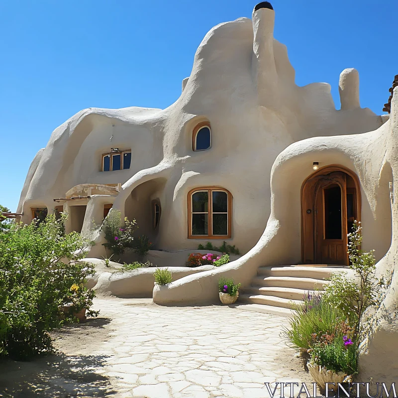 Curved Architectural House with Wooden Windows AI Image