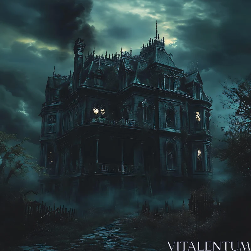 Ominous Abandoned House with Creeping Fog AI Image
