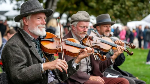 Three Elderly Violinists Performing at an Outdoor Event