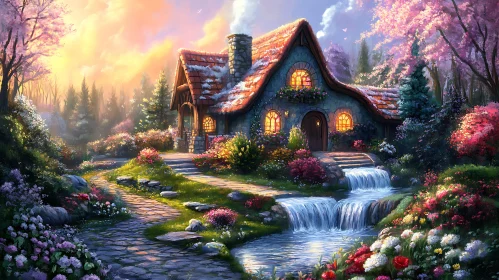 Serene Cottage with Waterfall and Blossoming Garden