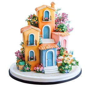 Whimsical Village Cake with Colorful Decorations