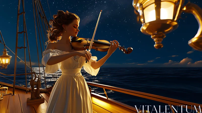 Elegant Violinist Under Starry Sky at Sea AI Image