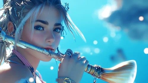 Anime Girl with Flute and Blue Eyes