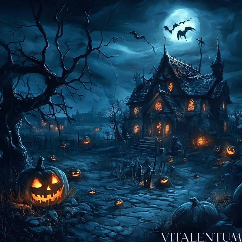 Eerie Haunted House under Full Moon