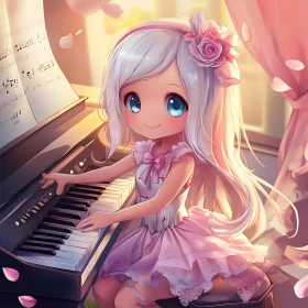Anime Girl at Piano with White Hair and Pink Dress