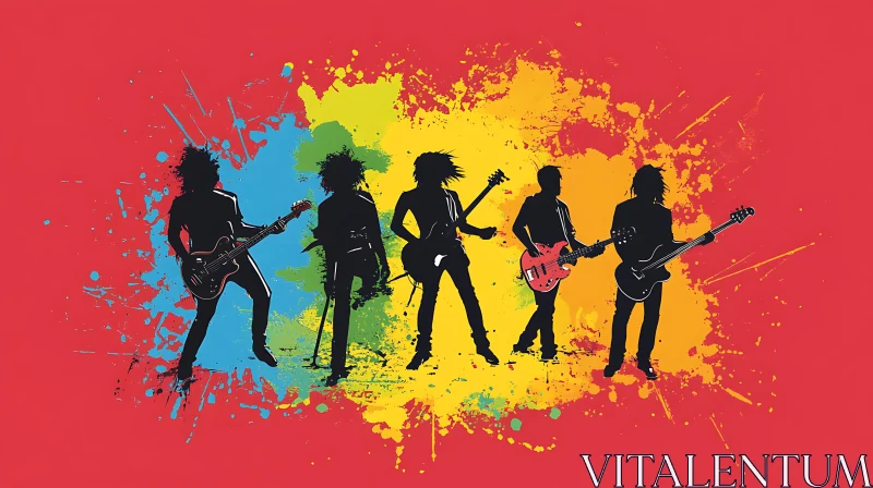 Energetic Silhouette of Rock Musicians with Guitars