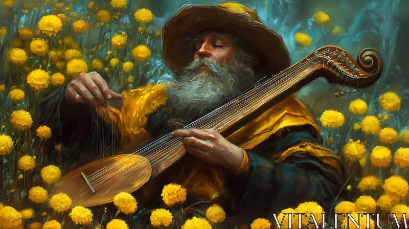 Serene Man Playing Lute Among Flowers