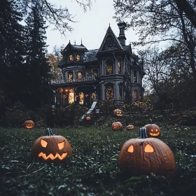 Gothic Haunted House with Halloween Pumpkins