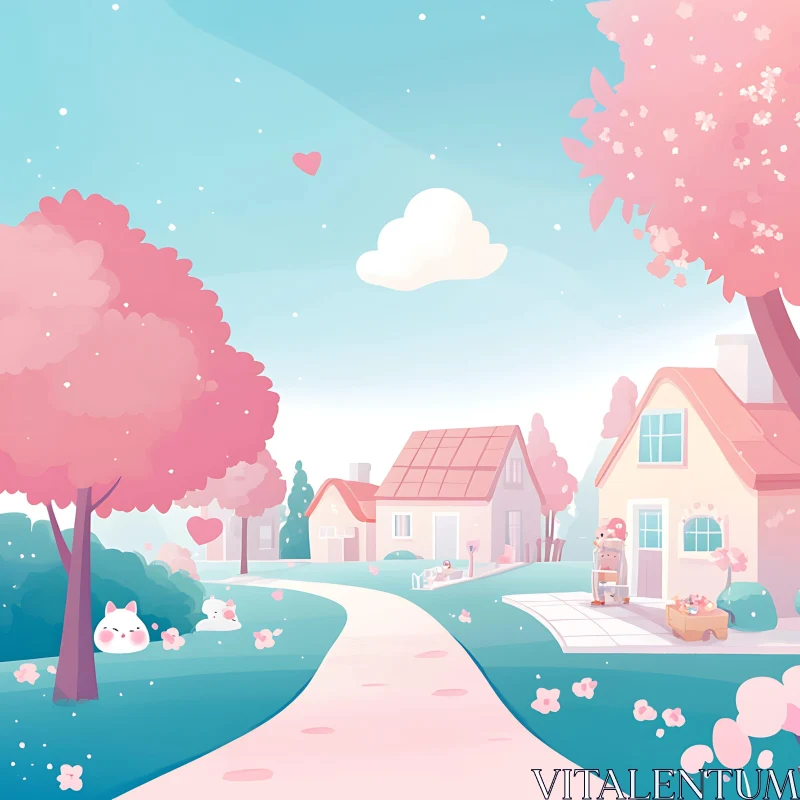 Cute Cartoon Pastel Village Scene