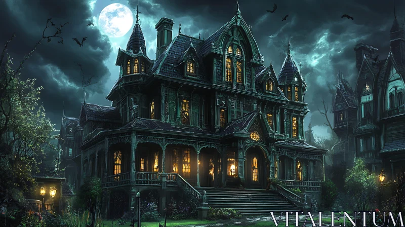 Eerie Haunted House Under Moonlit Sky AI Image