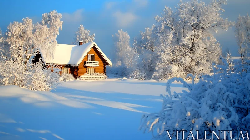 AI ART Idyllic Snowy Winter Scene with Cozy Cabin