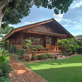 Traditional Wooden House in a Green Garden