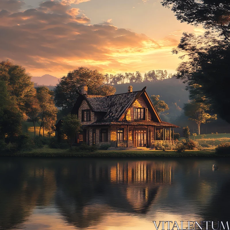 Serene Stone Cottage Reflected in Lake AI Image