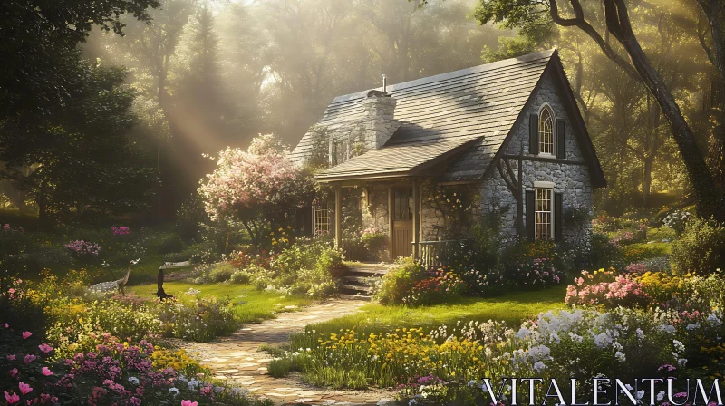 Quaint Cottage in Flower-filled Garden AI Image