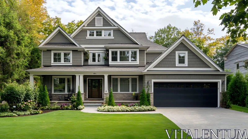 Stunning Grey Suburban Home with Lush Gardens AI Image