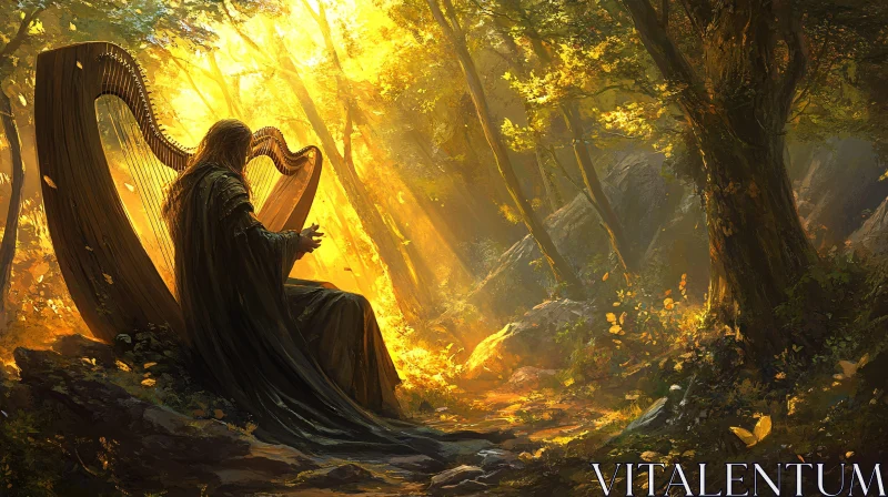 Harpist in Sunlit Forest AI Image