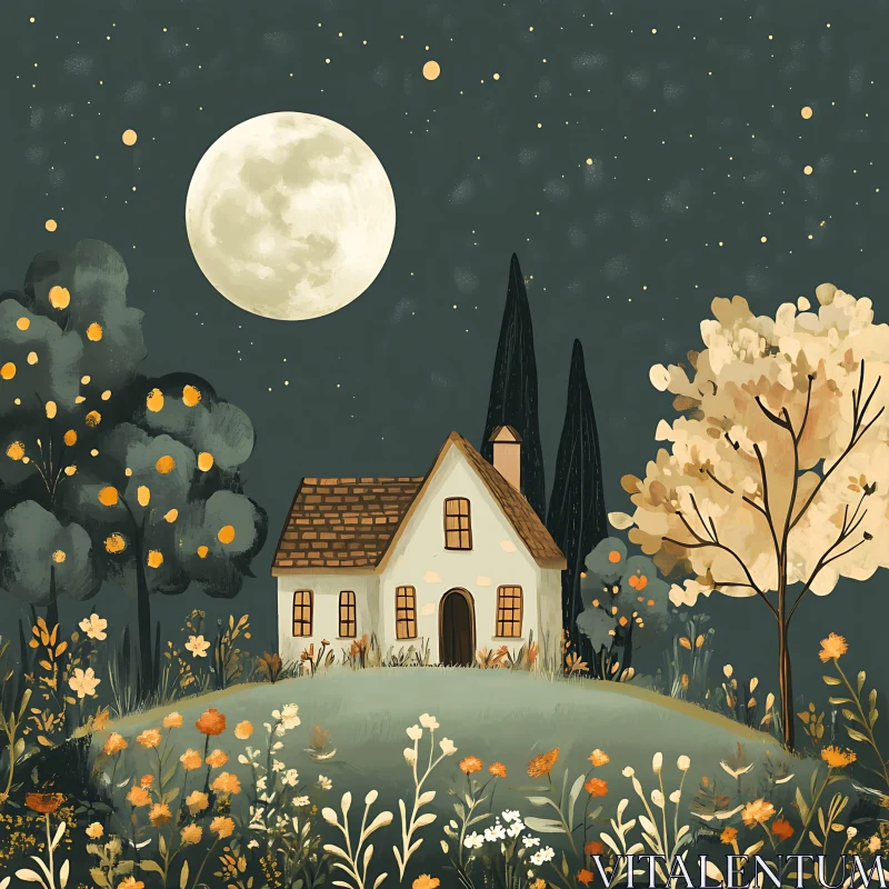 Quaint Cottage in Moonlit Garden AI Image