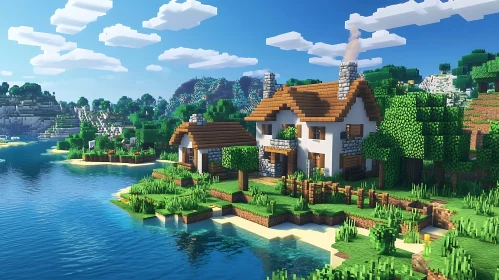 Pixelated Cottage Landscape with Lake