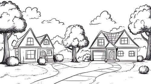 Peaceful Suburban Scene in Black-And-White Line-Art