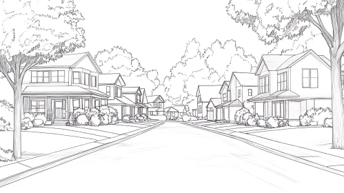 Detailed Pen-and-Ink Drawing of a Suburban Neighborhood