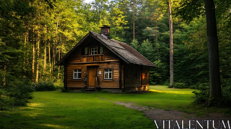 Tranquil Wooden Cabin in a Forest AI Image