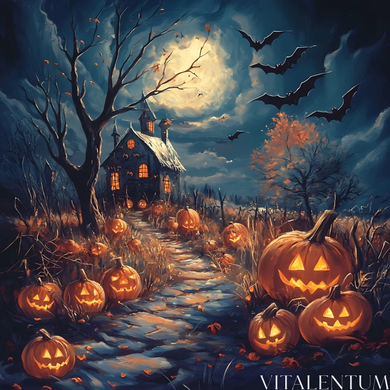 AI ART Eerie Halloween Night with Jack-O'-Lanterns and Haunted House