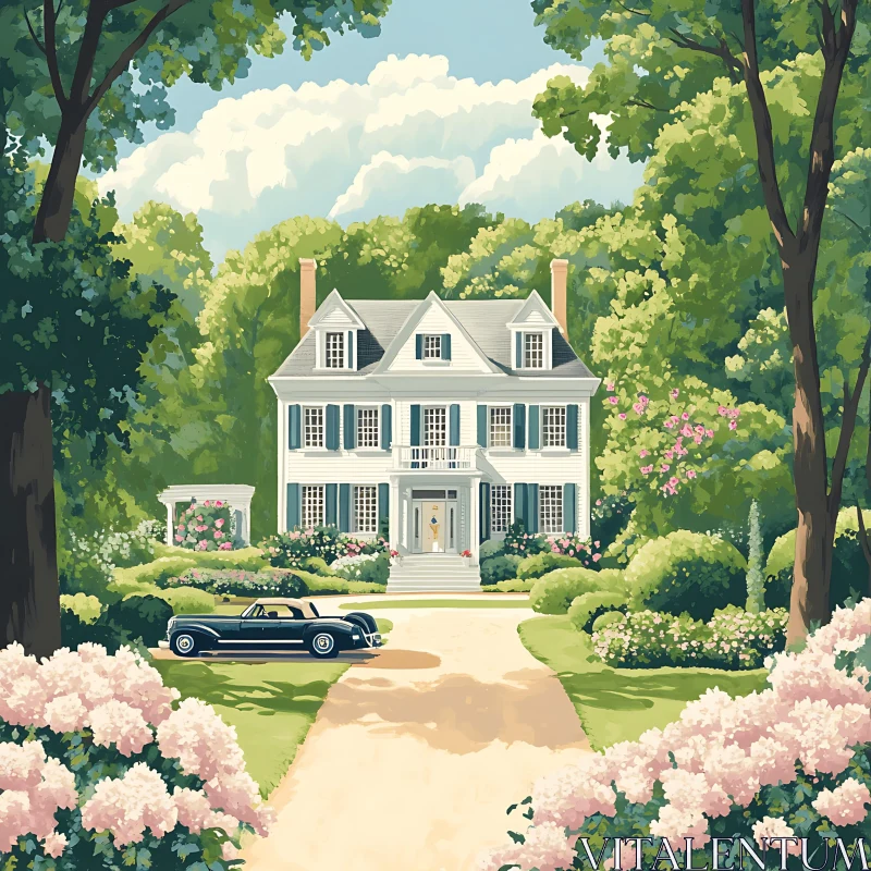 Stately White Home with Beautiful Garden and Vintage Car AI Image