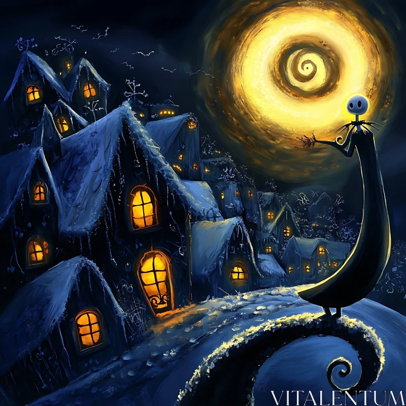 AI ART Spooky Pumpkin Figure in Moonlit Fantasy Town