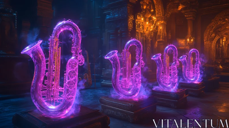 Mystical Glowing Saxophones in Ornate Room AI Image