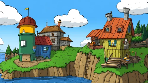 Colorful Coastal Cartoon Scene