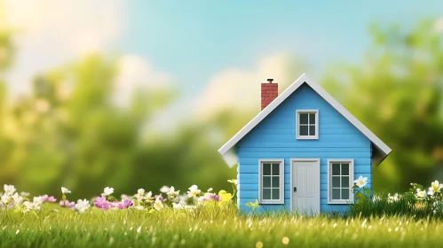 Charming Blue House Amidst Flowers in Nature