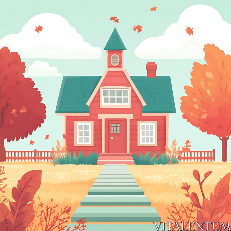 Autumn House with Teal Roof Illustration AI Image