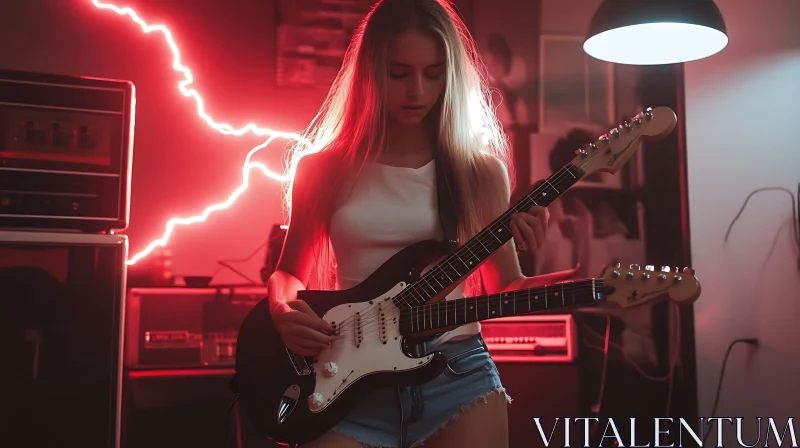 Musician Performing in Red Neon Music Studio AI Image