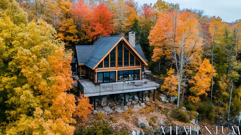 Wooden Cabin in Autumn Forest AI Image